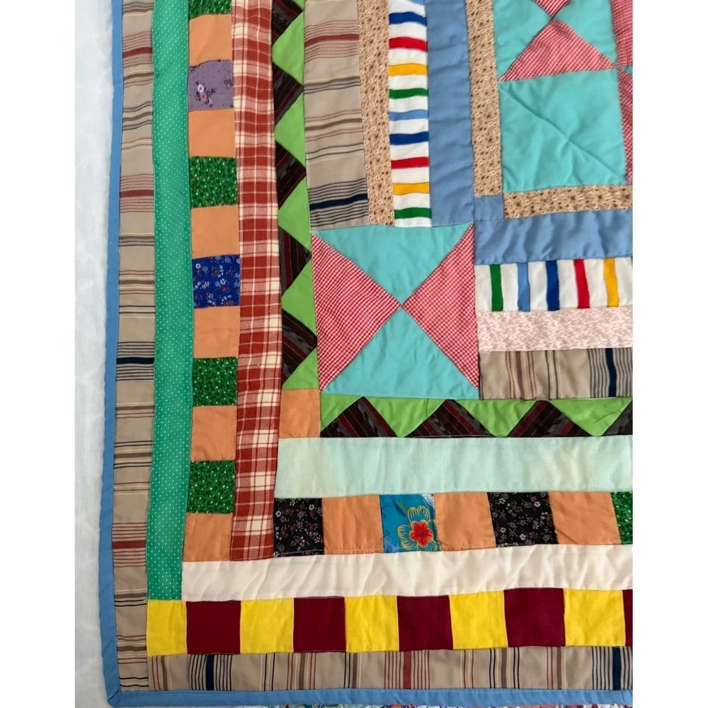 Handmade Patchwork Star Block Quilt 52x56 Throw Blanket Cottage Farmhouse Folk